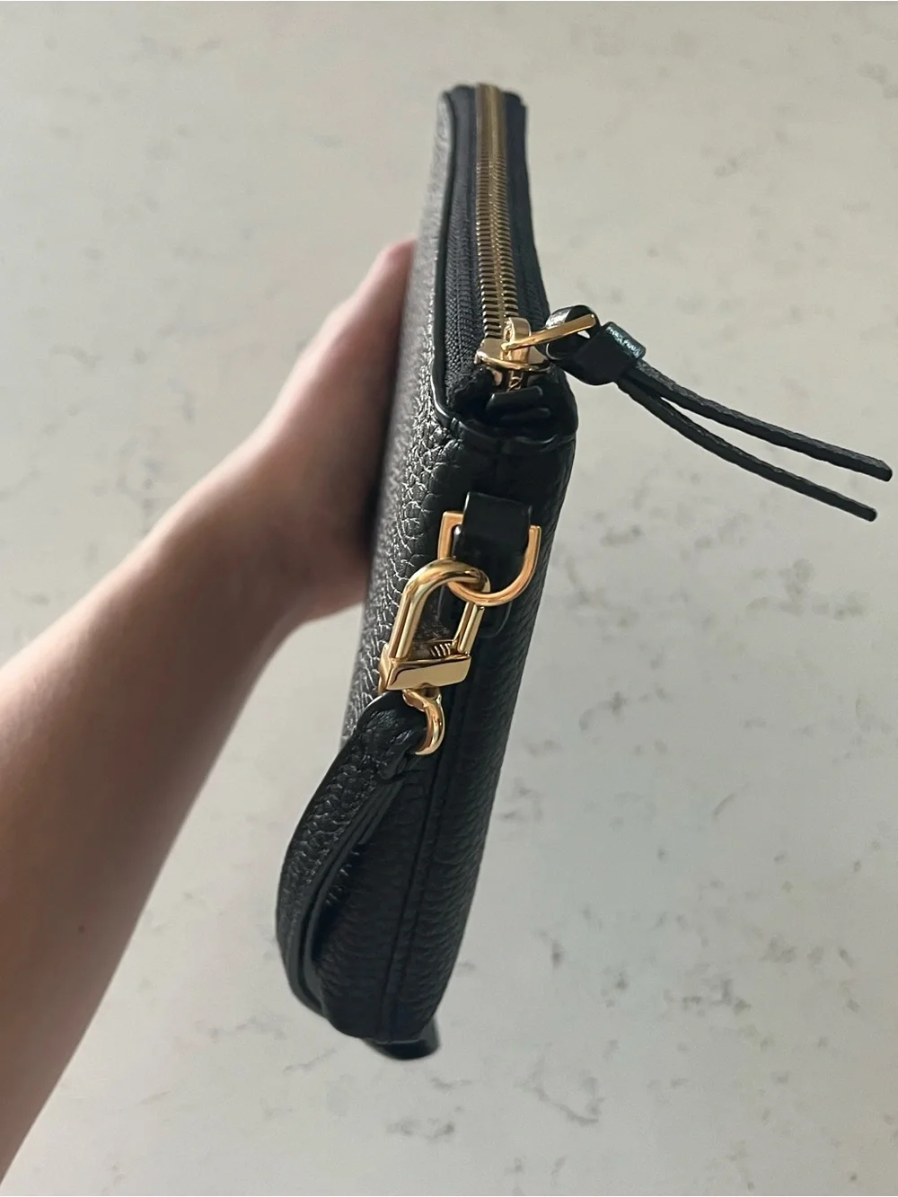 Tory Burch Black Pebbled Leather Zip Wristlet with Gold Hardware